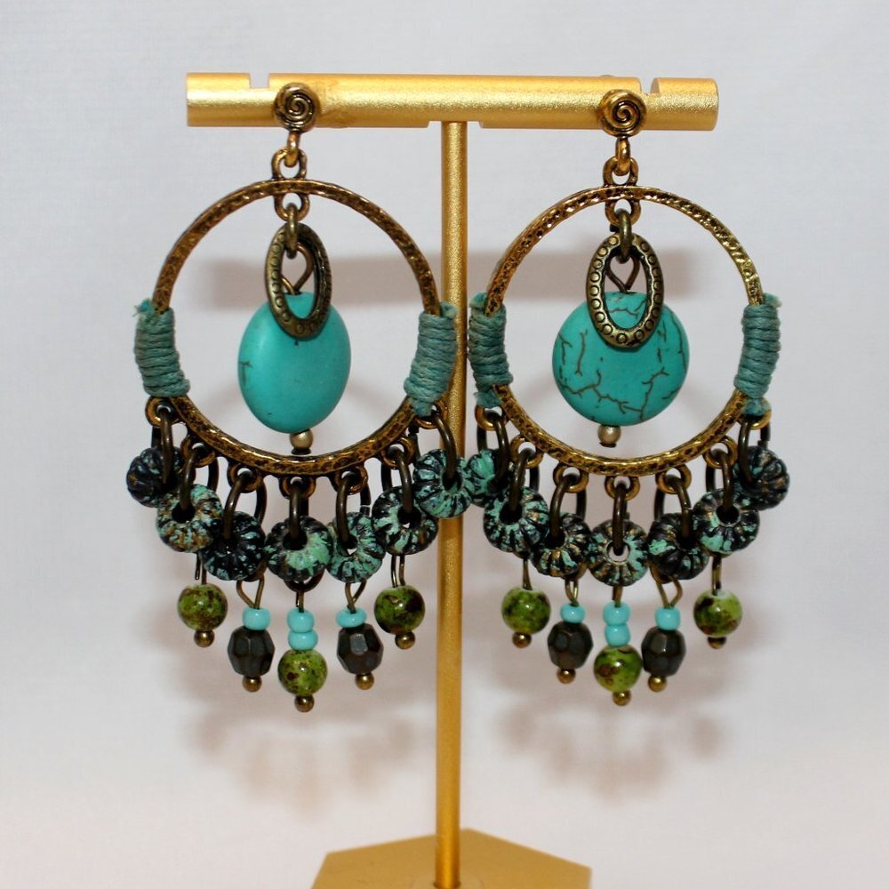 Turquoise Boho Loop and Dangle Bead Earrings